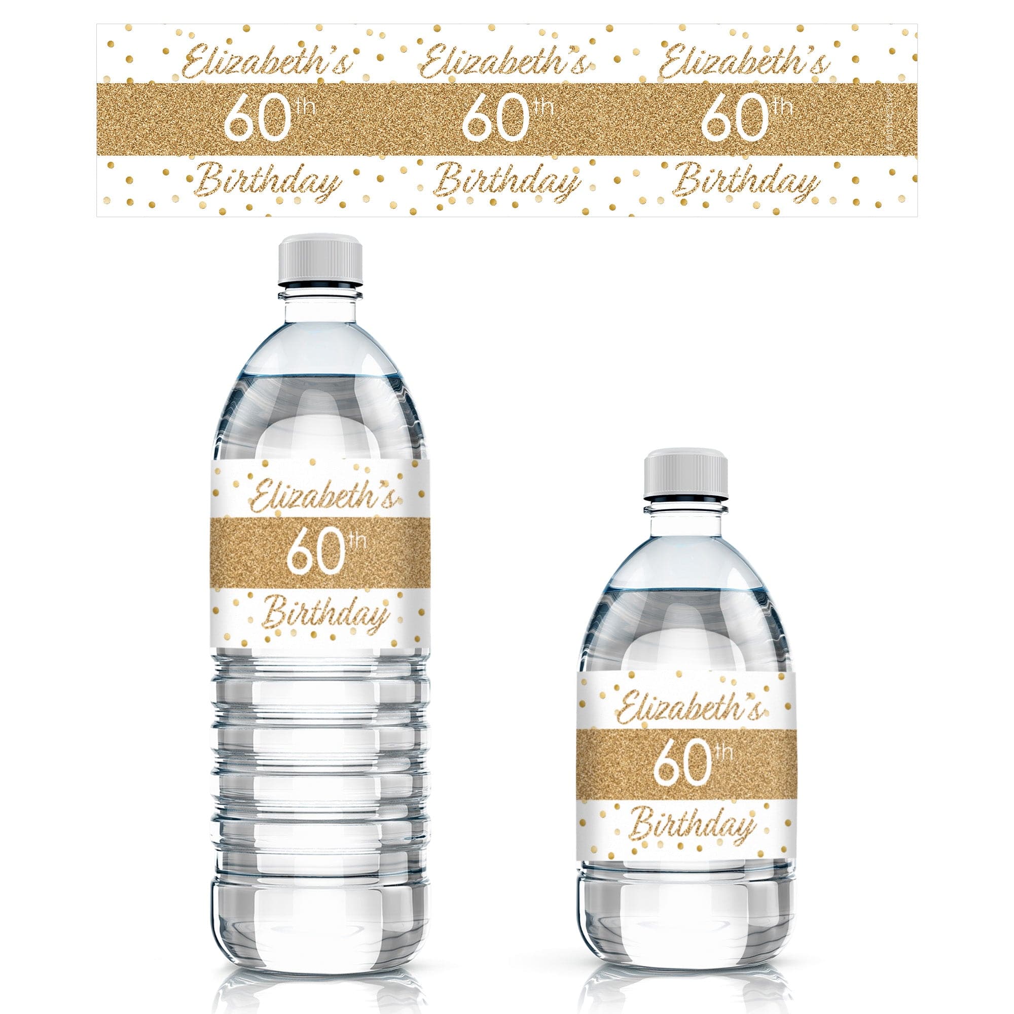 Personalized White and Gold Birthday Water Bottle Labels - 24 Stickers